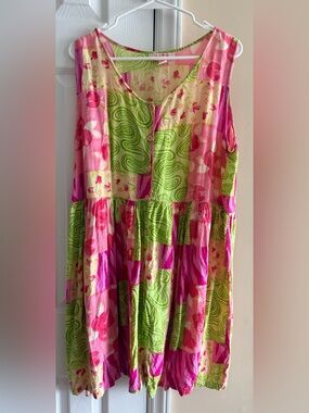 Vibrant Patchwork Button-Front Sundress in Pink & Lime Green